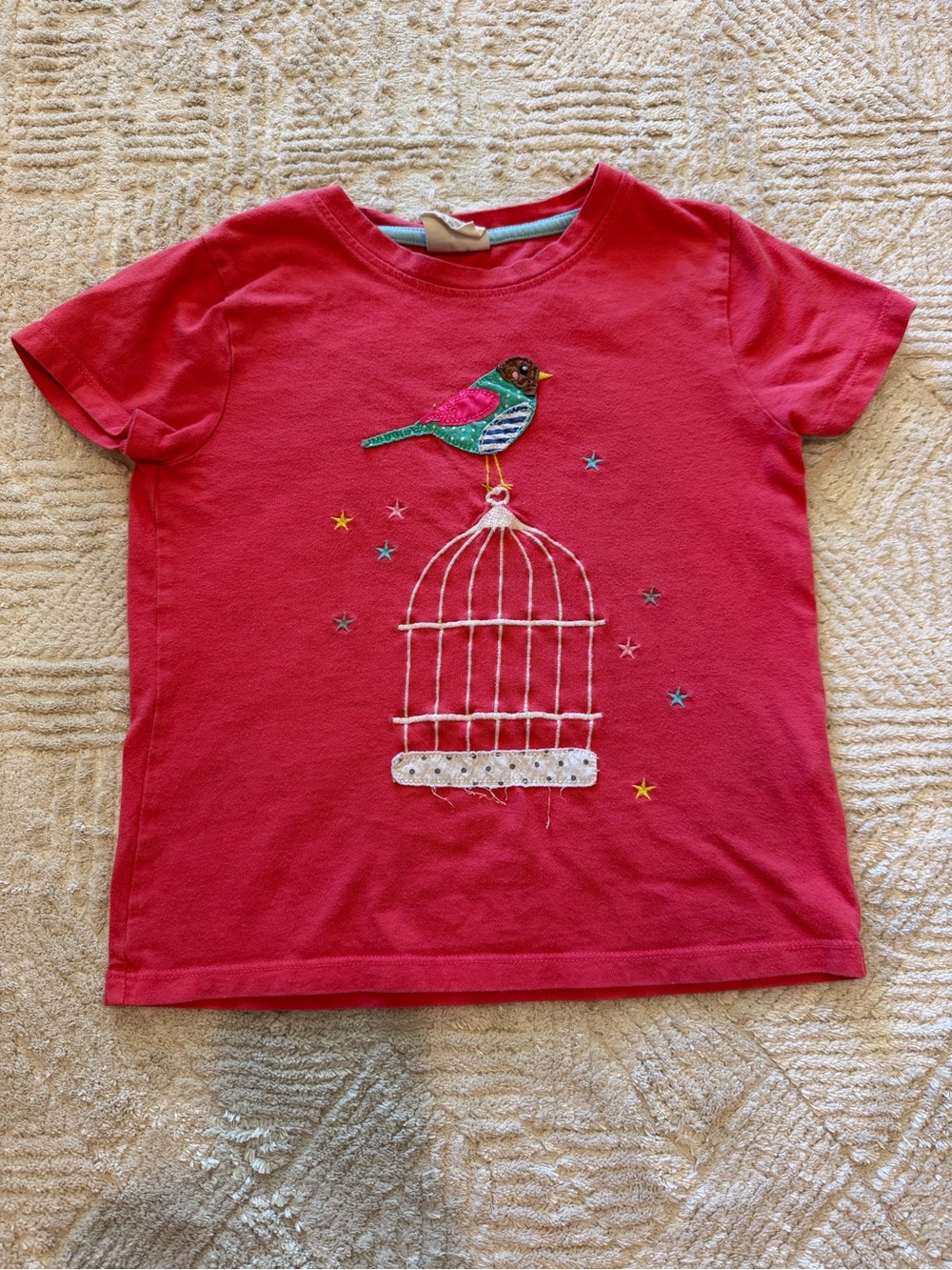 Mini Boden Girls Bird Birdcage Appliqué T-Shirt Pink Size 6-7Y